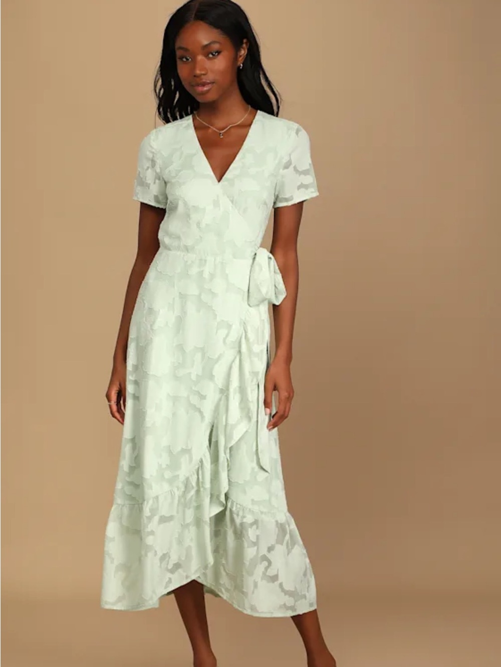 Lulu's Blissfully Sage Green Jacquard Short Sleeve Wrap Midi Dress 👗